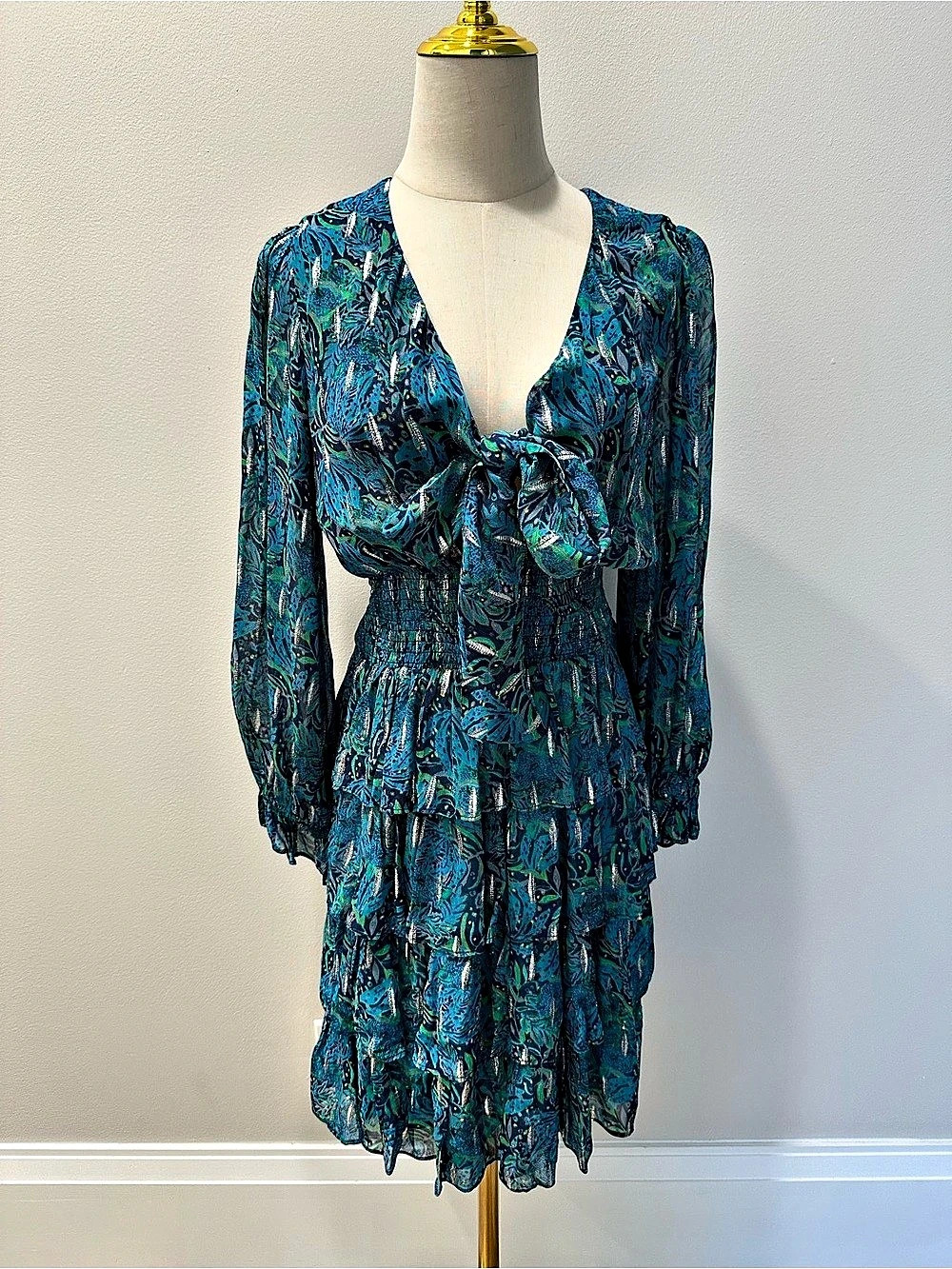 Lilly Pulitzer Size 4 Teal Tropical Metallic Tie Front Smocked Tiered Dress